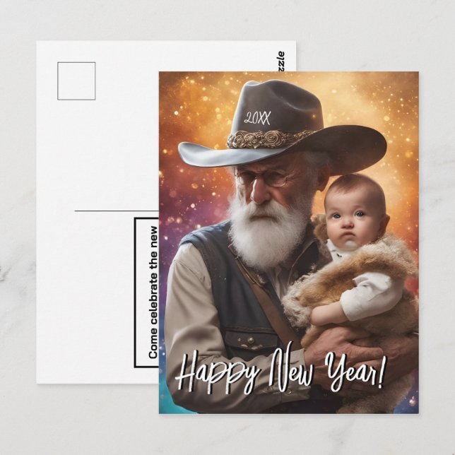 Western Father Time and Baby New Year Postcard (Front/Back)