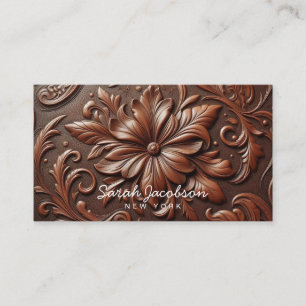 Western Faux Brown Leather Tooled Business Card