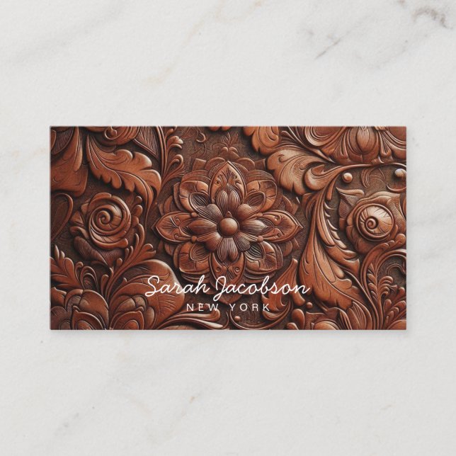 Western Faux Brown Leather Tooled Business Card (Front)