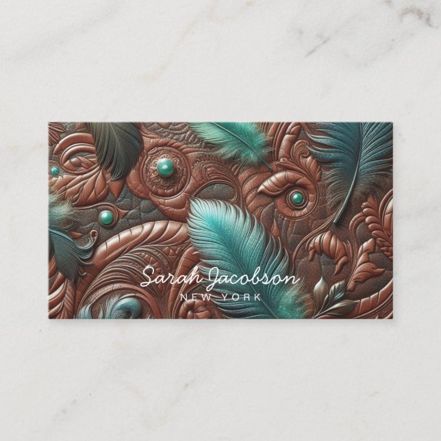 Western Faux Brown Leather Tooled Teal Feathers  Business Card (Front)