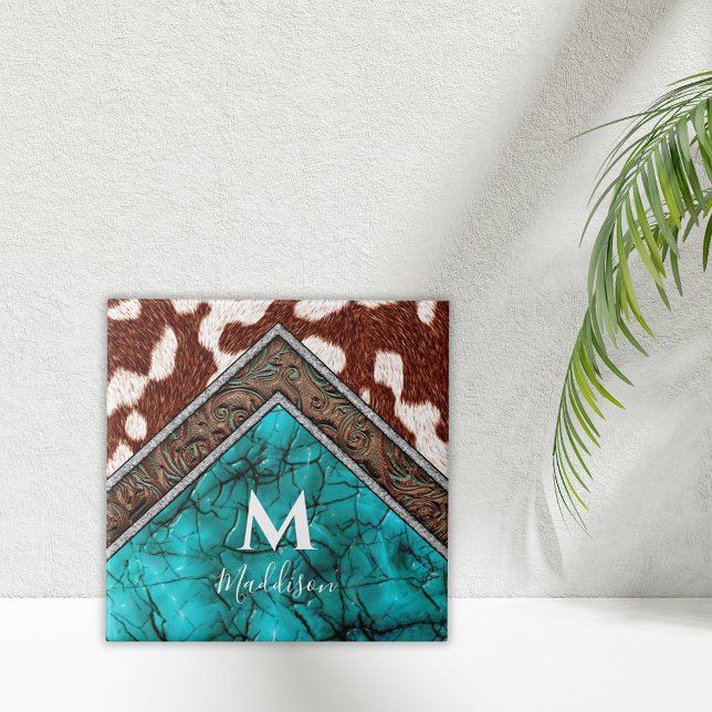 Western Faux Leather Turquoise Mix Monogram Ceramic Tile (Creator Uploaded)