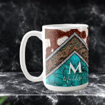 Western Faux Leather Turquoise Mix Monogram Coffee Mug<br><div class="desc">Beautiful,  faux,  brown and white fur,  faux leather trim with turquoise inlaid paint,  and faux turquoise marbling mixture.  Add your name with the monogram initial and last name templates.  A delightful,  rustic,  country,  design to admire every morning.</div>