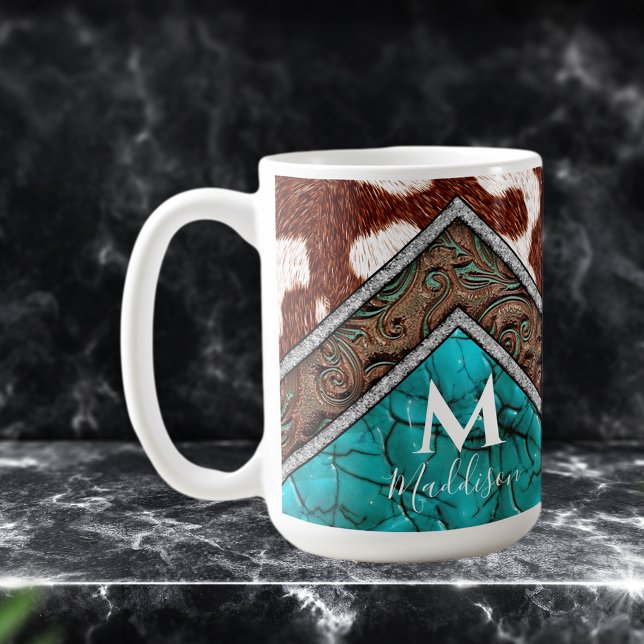 Western Faux Leather Turquoise Mix Monogram Coffee Mug (Creator Uploaded)