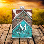 Western Faux Leather Turquoise Mix Monogram Flask