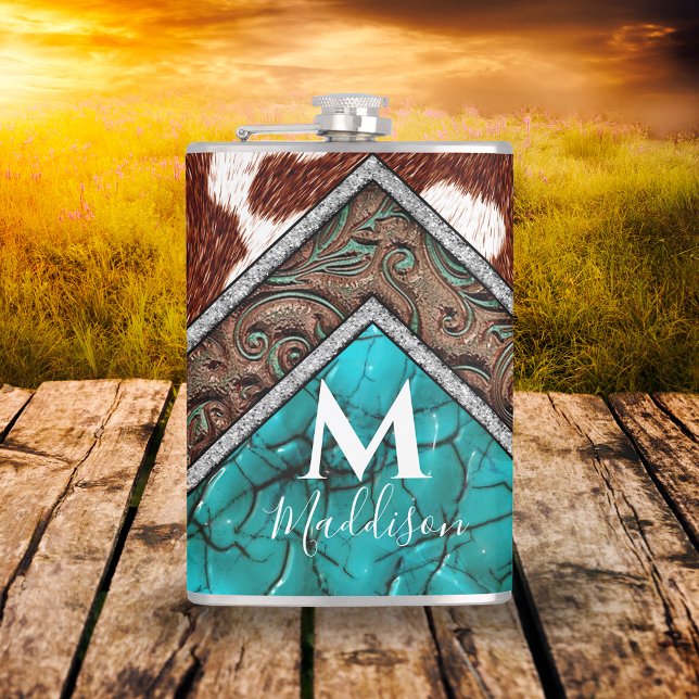 Western Faux Leather Turquoise Mix Monogram Flask (Creator Uploaded)
