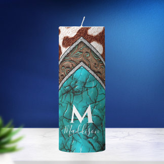 Western Faux Leather Turquoise Mix Monogram Pillar Candle