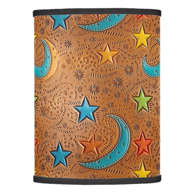 Western Faux Tooled Leather Moon & Stars Print  Lamp Shade (Front)