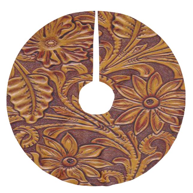 Western Faux Tooled Leather Print Brown 2 Brushed Polyester Tree Skirt (Front)