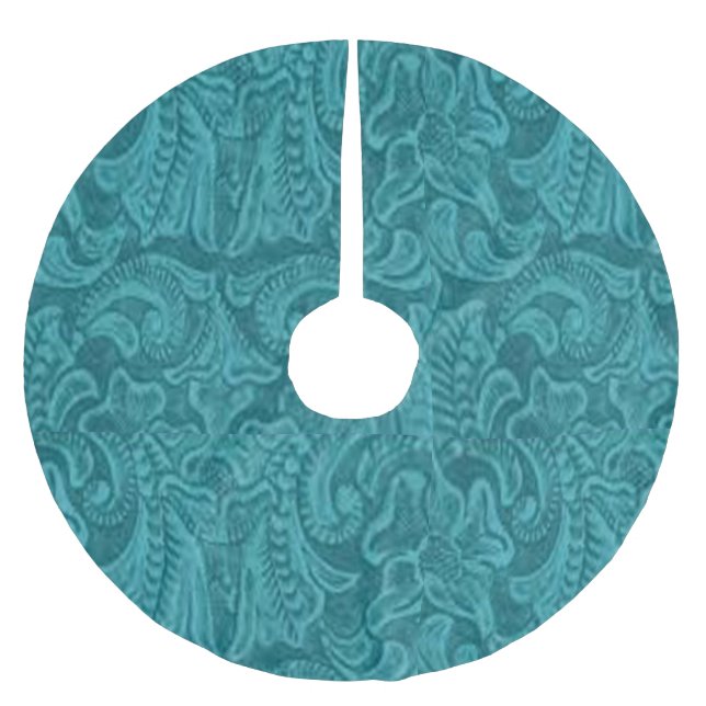Western Faux Tooled Leather Print Teal Brushed Polyester Tree Skirt (Front)