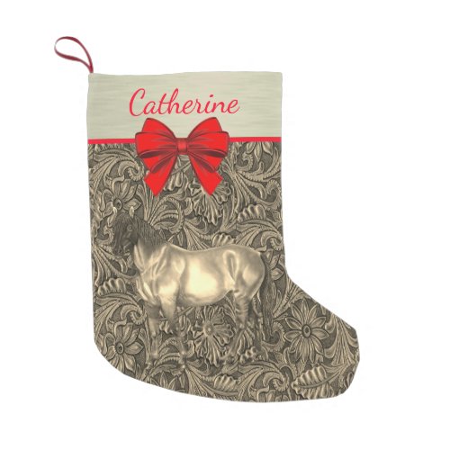 Western Faux Tooled Leather Print With Horse Small Christmas Stocking