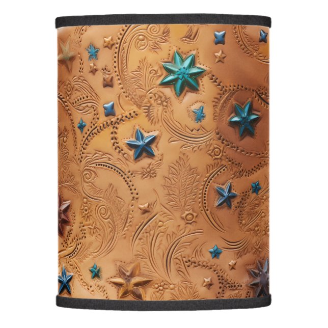 Western Faux Tooled Leather Stars & Swirls Print  Lamp Shade (Front)