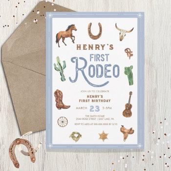 Western First Birthday Rodeo Baby Boy Invitation by PrintedbyCharlotte at Zazzle