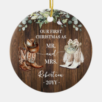 Western First Christmas as Mr & Mrs Cowboy Cowgirl Ceramic Ornament