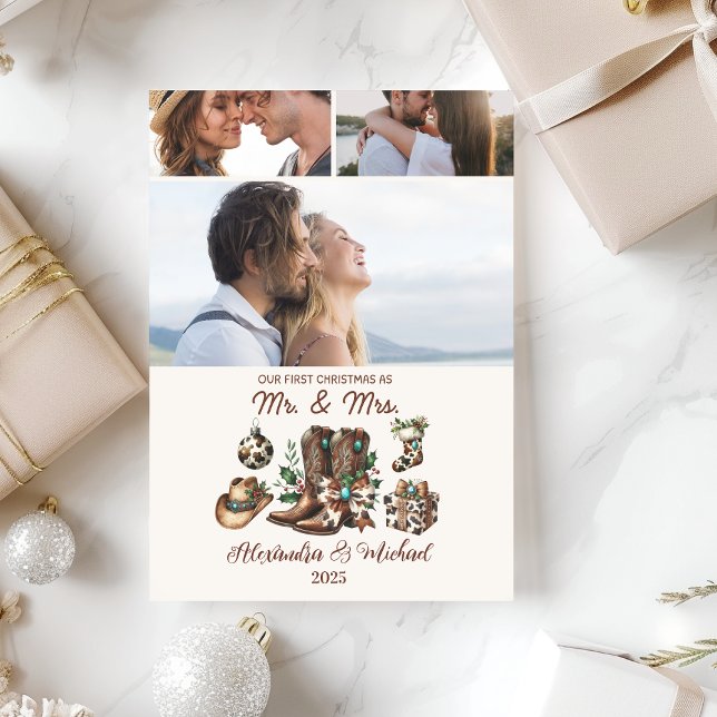 Western First Christmas As Mrs and Mr 3 Photo  Holiday Card (Creator Uploaded)