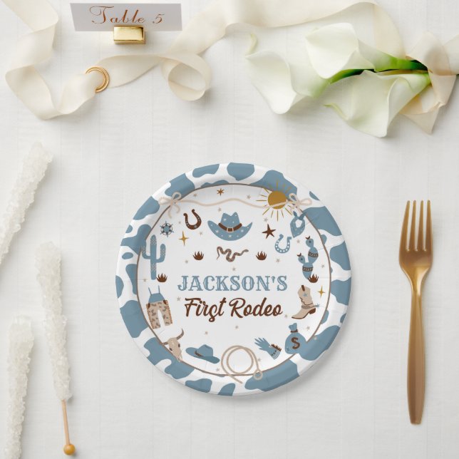 Western First Rodeo Boy 1st Birthday Blue Paper Plates (Wedding)