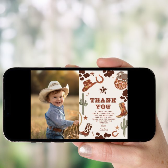 Western First Rodeo boy birthday photo thank you Invitation (Front Digital)
