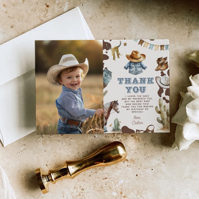 Western First Rodeo boy birthday photo thank you Invitation (Creator Uploaded)