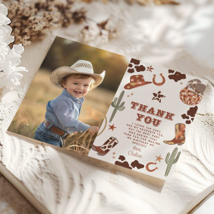Western First Rodeo boy birthday photo thank you Invitation