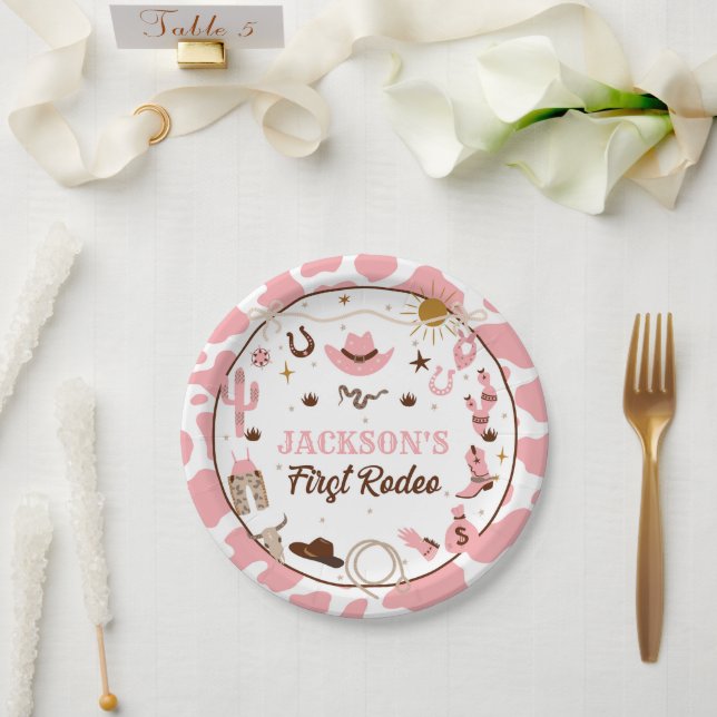 Western First Rodeo Girl 1st Birthday Pink Paper Plates (Wedding)