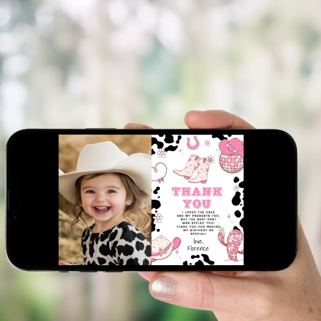 Western First Rodeo girl birthday photo thank you Invitation (Front Digital)