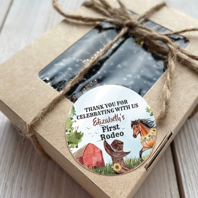 Western First Rodeo Horse Barn 1st Birthday Party Classic Round Sticker (Creator Uploaded)