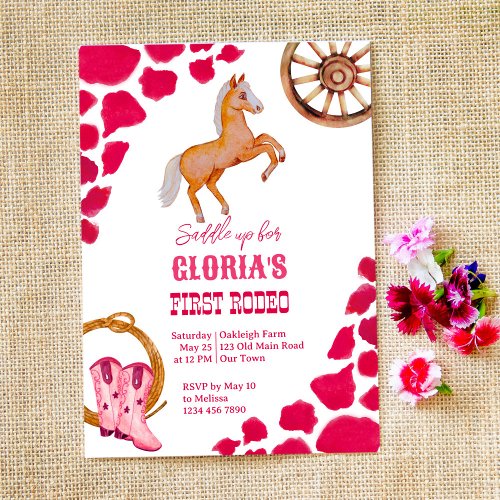 Western first rodeo saddle up cowgirl birthday invitation