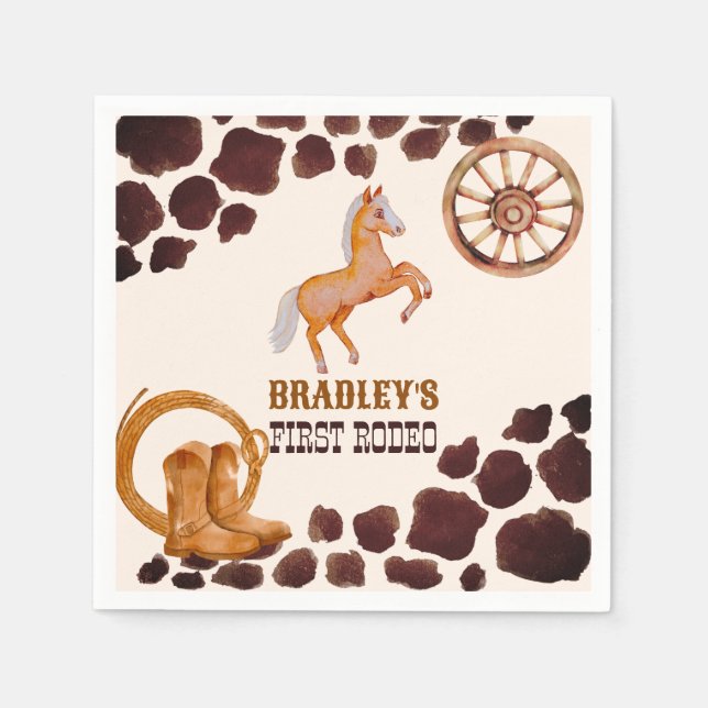 Western first rodeo saddle up horse birthday party napkins (Front)