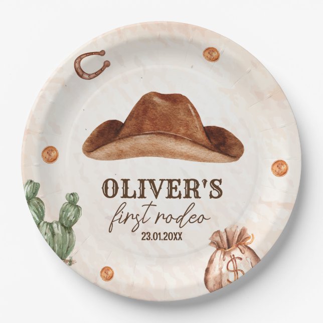 Western First Rodeo Wild West Cowboy 1st Birthday Paper Plates (Front)