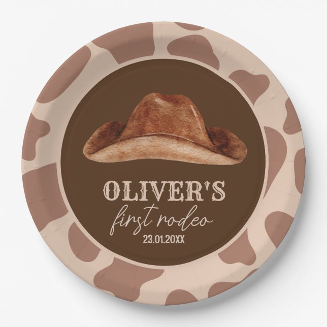 Western First Rodeo Wild West Cowboy 1st Birthday Paper Plates (Front)