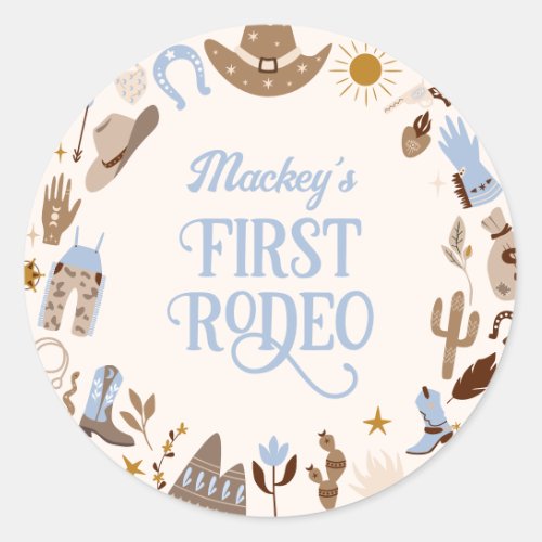 Western First Rodeo Wild West Cowboy Blue Birthday Classic Round Sticker