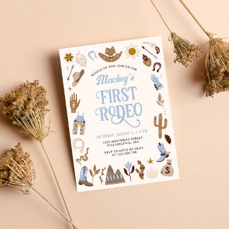 Western First Rodeo Wild West Cowboy Blue Birthday Invitation