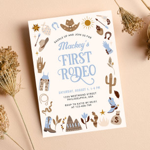 Western First Rodeo Wild West Cowboy Blue Birthday Invitation