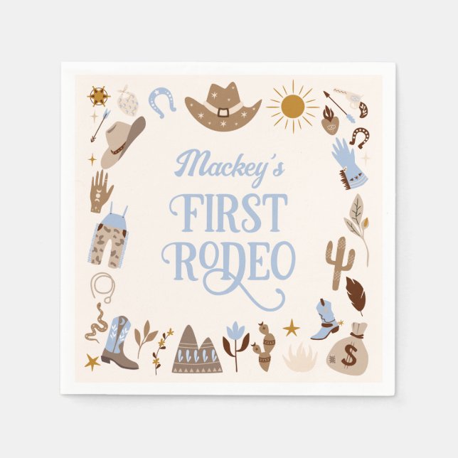 Western First Rodeo Wild West Cowboy Blue Birthday Napkins (Front)