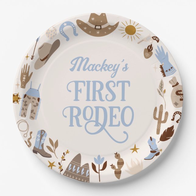 Western First Rodeo Wild West Cowboy Blue Birthday Paper Plates (Front)