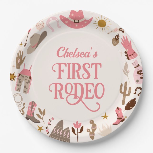 Western First Rodeo Wild West Cowboy Pink Birthday Paper Plates (Front)