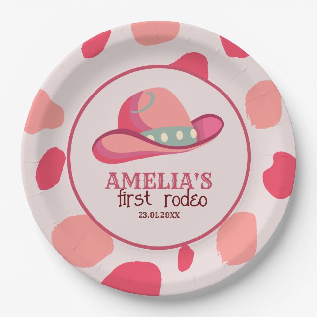 Western First Rodeo Wild West Cowgirl 1st Birthday Paper Plates (Front)