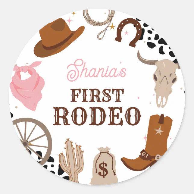 Western First Rodeo Wild West Girl First Birthday Classic Round Sticker ...