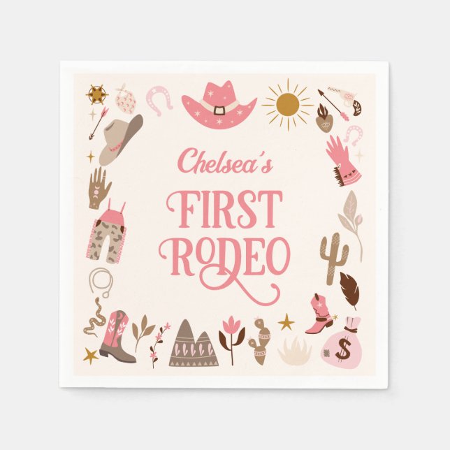 Western First Rodeo Wildwest Cowgirl Pink Birthday Napkins (Front)