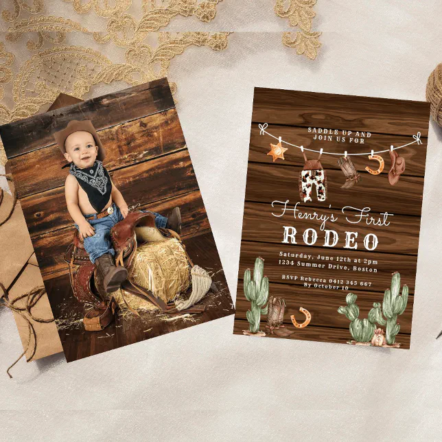 Woody First Rodeo Invite Western First Rodeo wood photo Cowboy Birthday Invitation | Zazzle