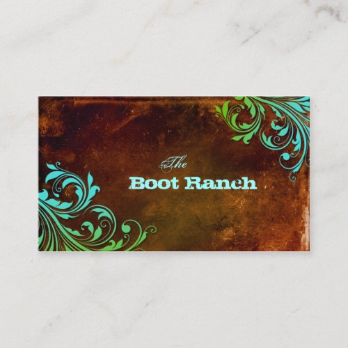 Western Floral Business Card Brown Blue Grunge