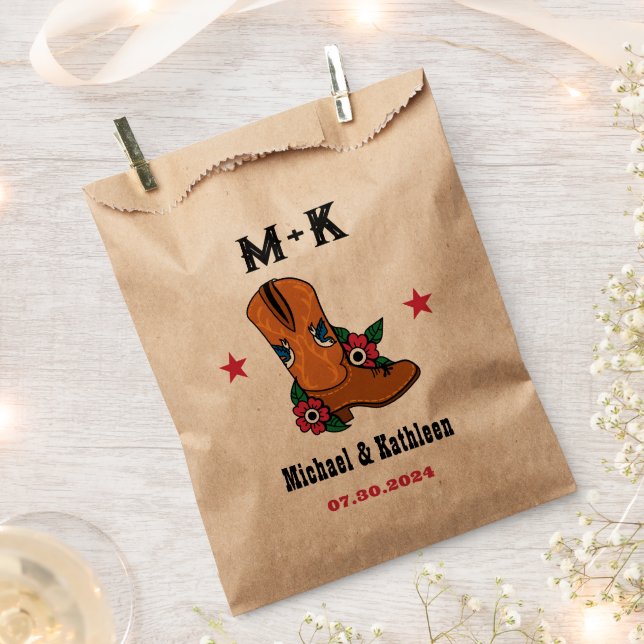 Western Floral Cowboy Boot Boho Country Wedding Favor Bag (Clipped)
