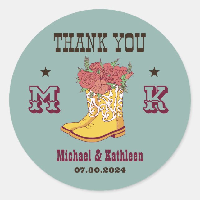 Western Floral Cowboy Boot Monogram Rustic Wedding Classic Round Sticker (Front)