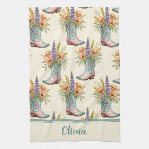 Western Floral Cowboy Boot Teal & Pink Kitchen Towel