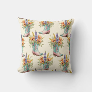 Western Floral Cowboy Boot Teal & Pink Throw Pillow