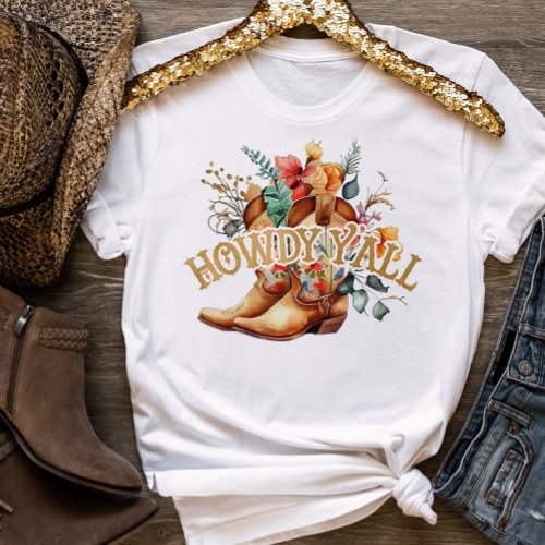 Western Floral Cowboy Boots Howdy Yall T_Shirt
