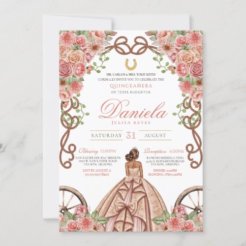  Western Floral Rose Gold Charro Quinceanera Invitation