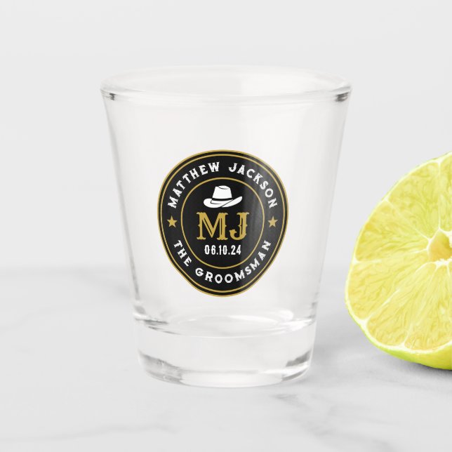 Western Frontier Retro Logo Personalized Groomsmen Shot Glass (Front)