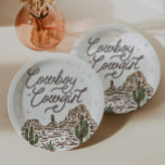 Western Gender Reveal Shower Cowboy or Cowgirl Paper Plates<br><div class="desc">Get ready to saddle up for a rootin'-tootin' gender reveal that captures the spirit of the Wild West! This charming design features a playful rope font that weaves its way through hand-illustrated scenes of rodeos and desert landscapes. Perfect for any gender reveal, this collection includes whimsical invitations, delightful decor, and...</div>