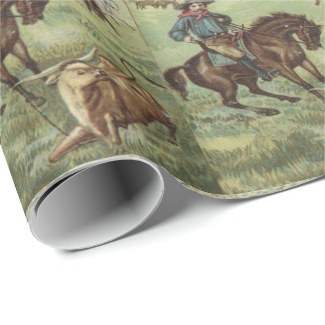 Western Gift Wrapping Paper Cowboy Roping A Steer (Roll Corner)