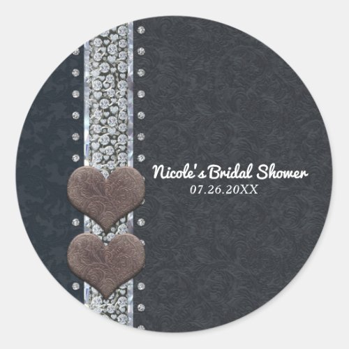 Western Glam Black Leather  Diamonds Bling Favor Classic Round Sticker